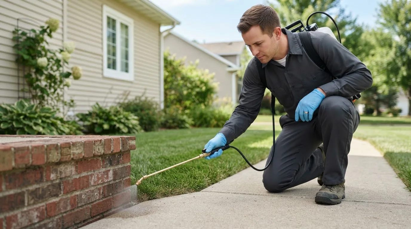 Pest control technician treating a home near Tolna, ND