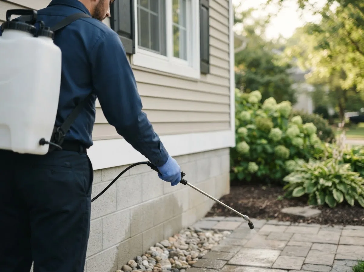 Pest control technician inspecting a home in Tolna, ND
